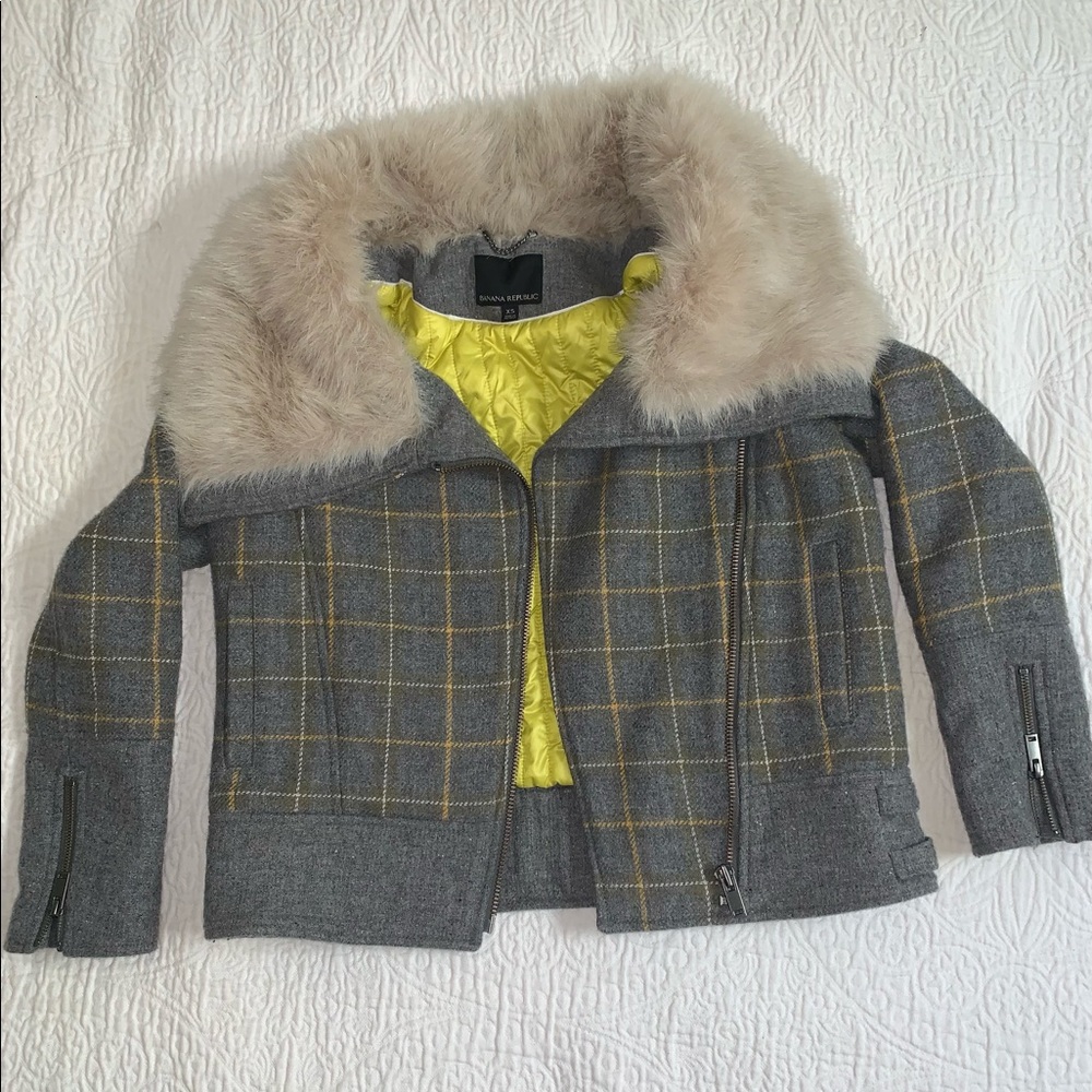BANANA REPUBLIC faux fur plaid winter jacket size xs - Picture 2 of 6